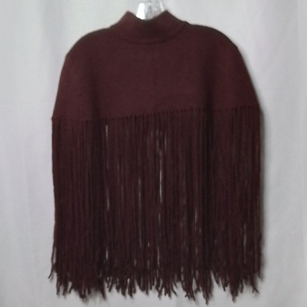 ZARA BURGANDY KNIT FRINGED CAPE SIZE M